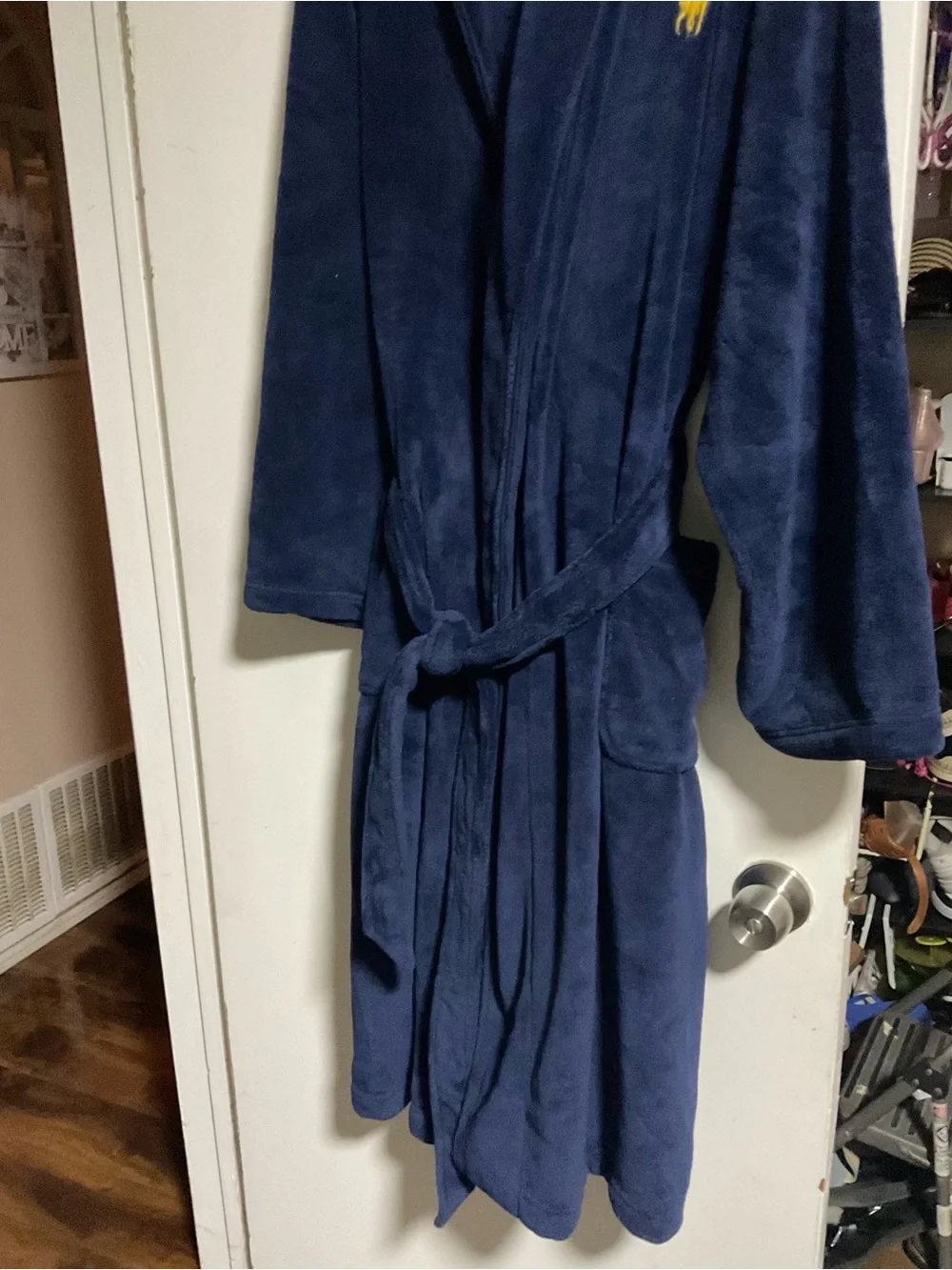 Polo by Ralph Lauren Navy Plush Shawl-Collar Robe with Gold Logo